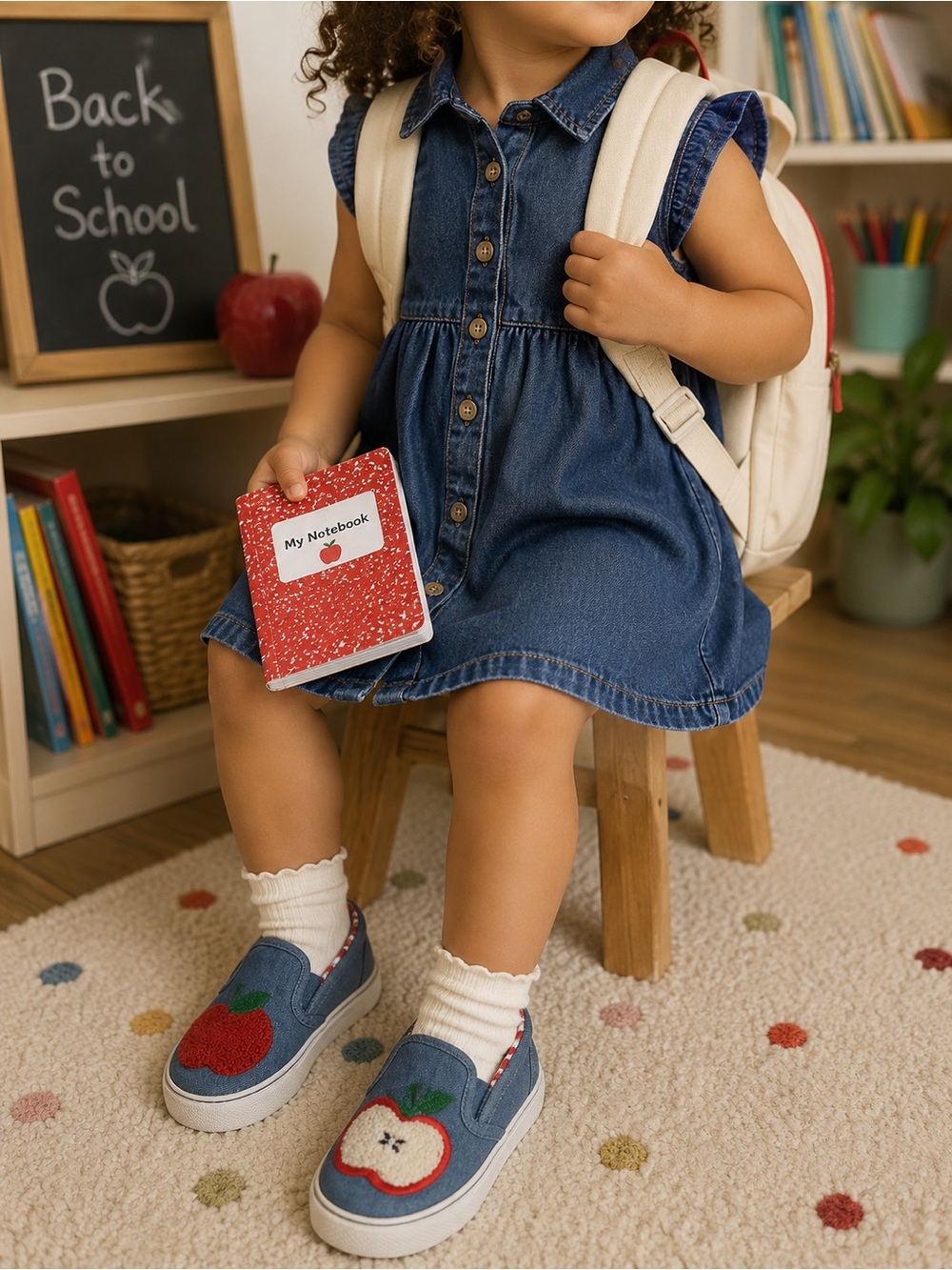 🎀 Gymboree Girls Apple Embroidered Slip-On Shoes - Blue, White and Red
